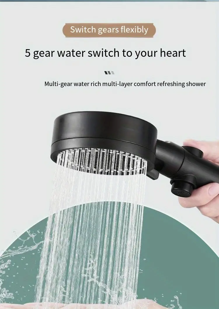 1pc high pressure shower head multi functional hand held sprinkler with 5 modes 360 adjustable detachable hydro jet shower head with pause switch all round filter bathroom accessories 9 8 3 5inch details 4