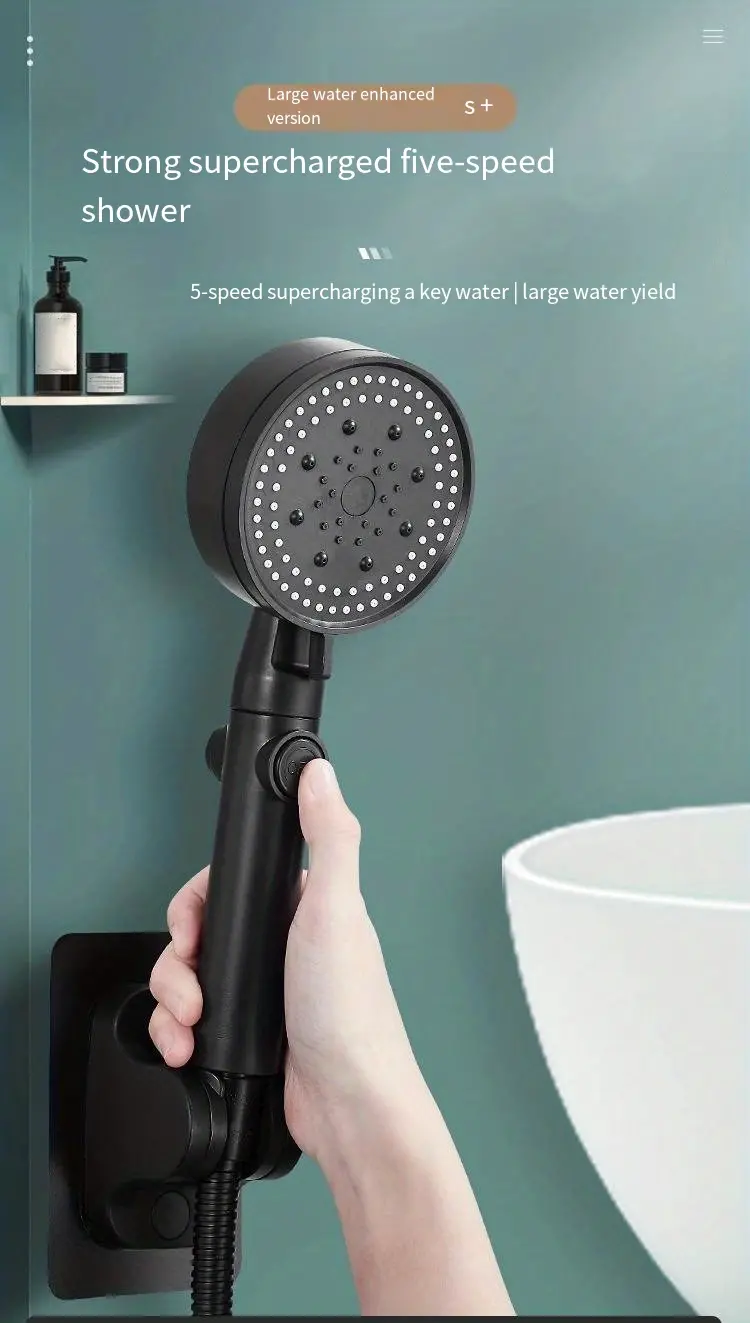 1pc high pressure shower head multi functional hand held sprinkler with 5 modes 360 adjustable detachable hydro jet shower head with pause switch all round filter bathroom accessories 9 8 3 5inch details 0