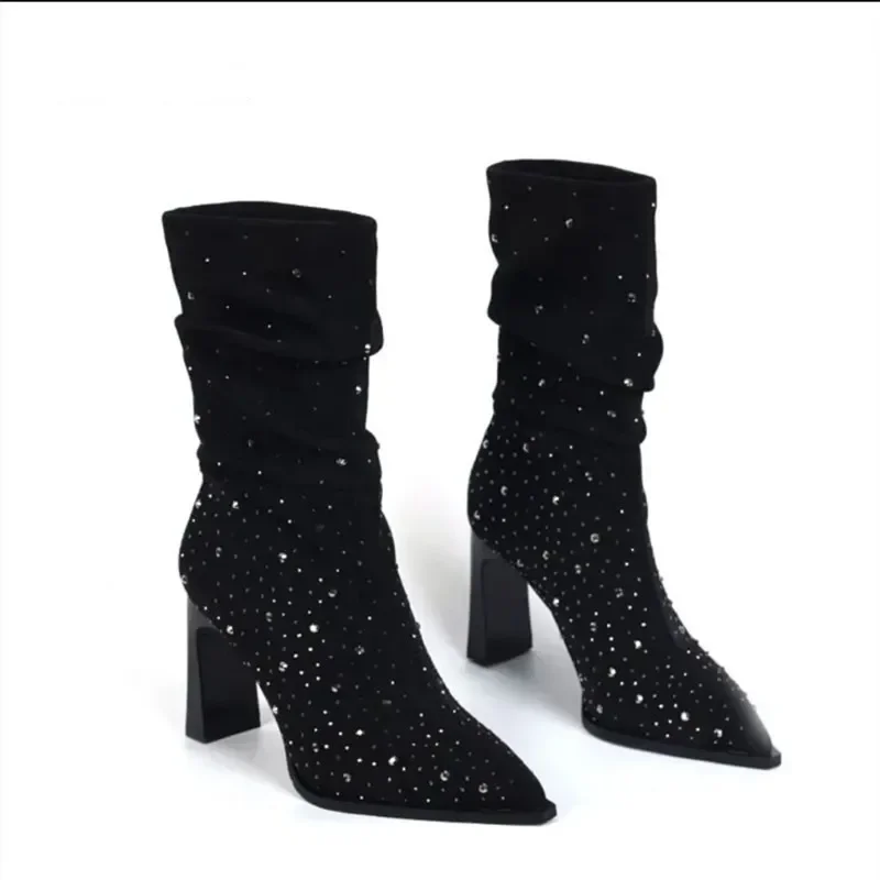 Autumn Women's Mid-calf Boots Square High Heels Pointed Toe Women's Calf Boots Sequined Cloth