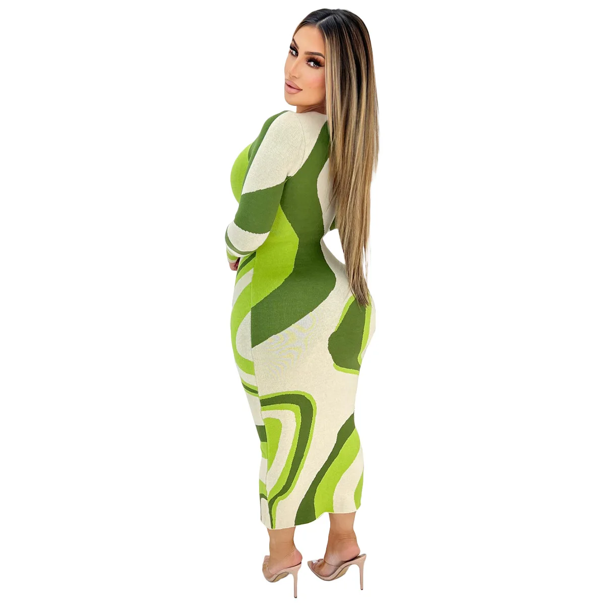 Women's Mixed Green Fall Long Sleeve Geometric Print Maxi Dress