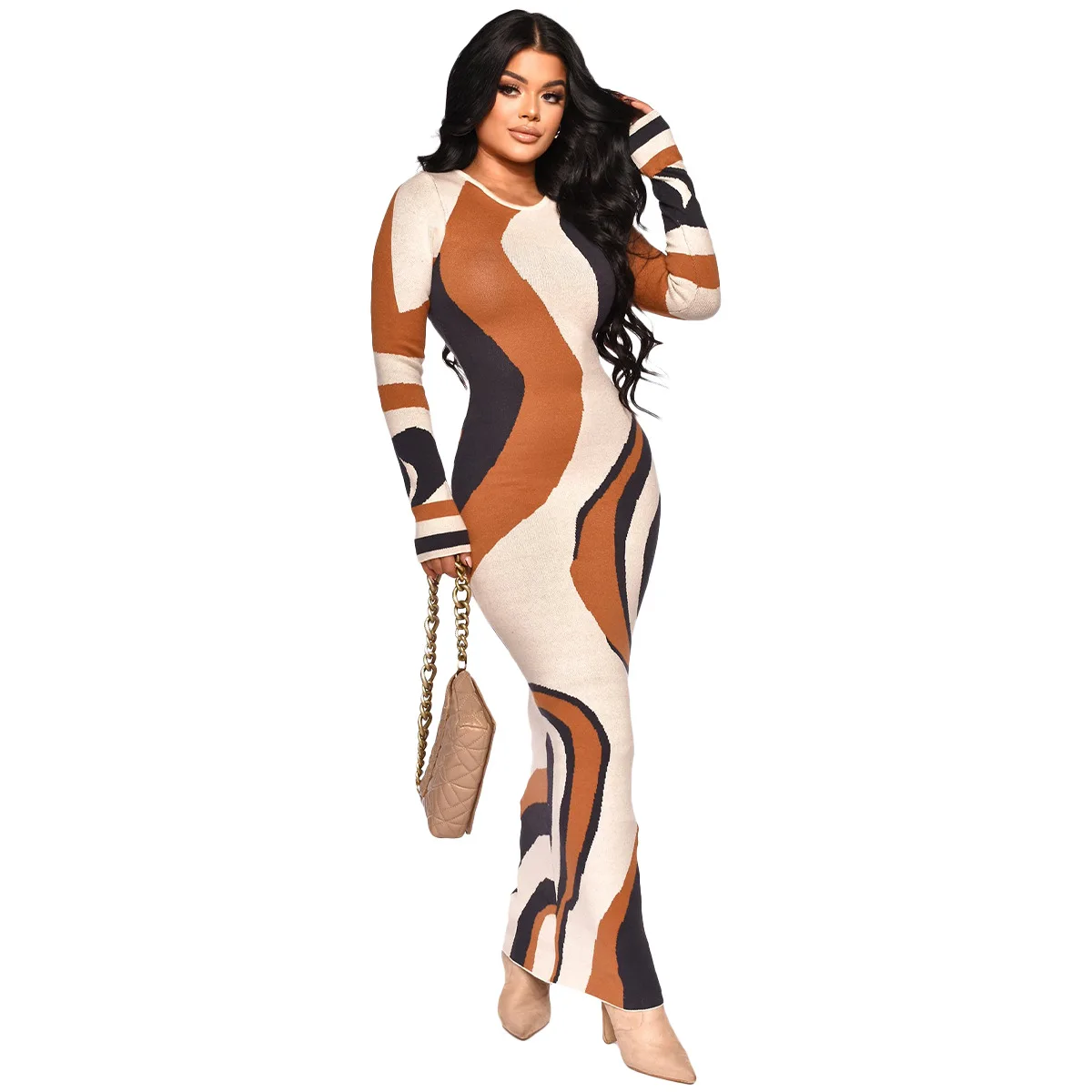 Women's Multicolored Fall Long Sleeve Geometric Print Maxi Dress