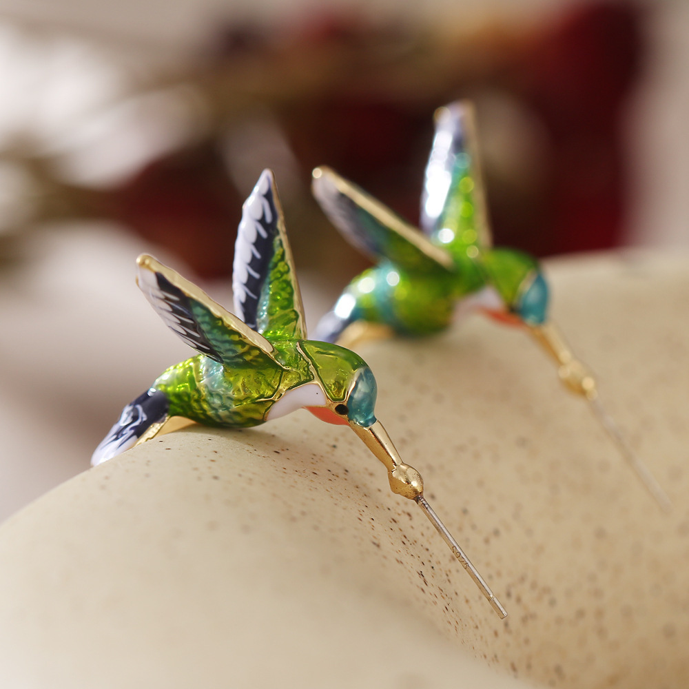 Green Blue Hummingbird Earrings – Elegant Alloy Bird Studs for Women