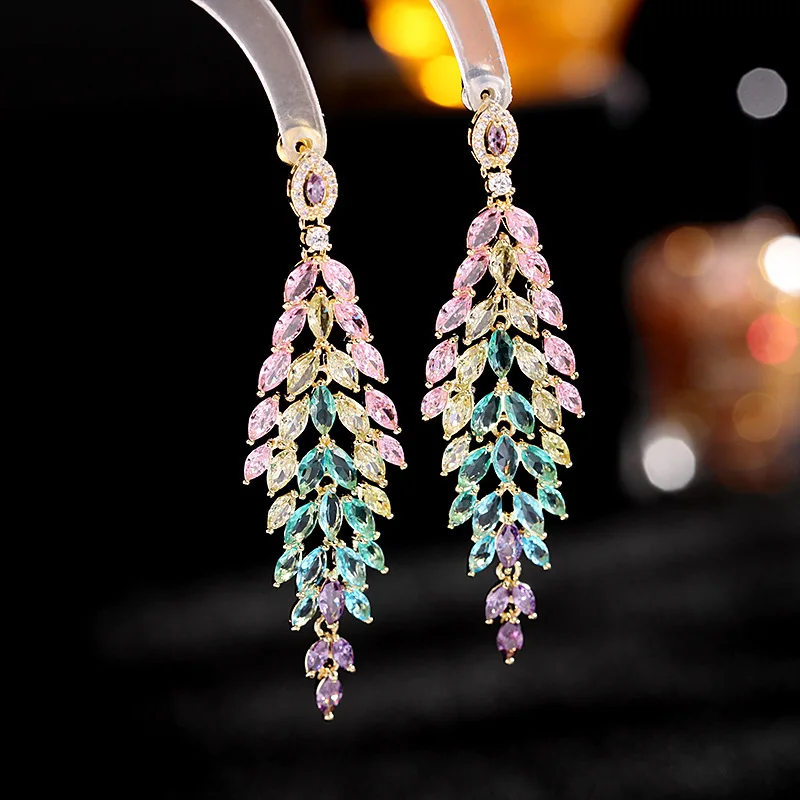 Tassel Earrings, Colorful Cubic Zirconia Earrings, Banquet Dress Accessories, Leaf