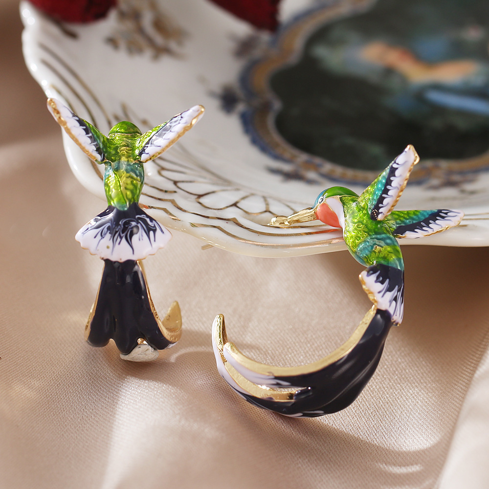 Green Blue Hummingbird Earrings – Elegant Alloy Bird Studs for Women
