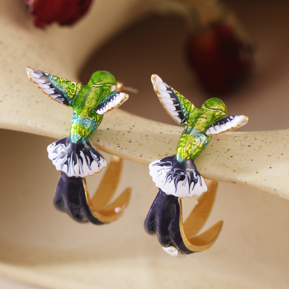 Green Blue Hummingbird Earrings – Elegant Alloy Bird Studs for Women
