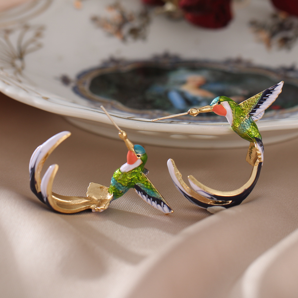 Green Blue Hummingbird Earrings – Elegant Alloy Bird Studs for Women