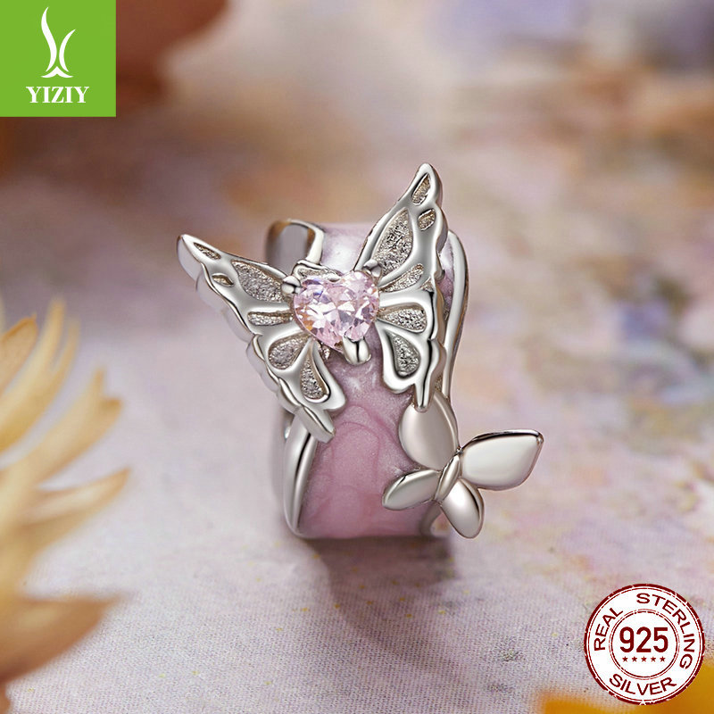 Silver Charm Pink Butterfly DIY Silicone Positioning Bracelet with Separated Beads Romantic Spring
