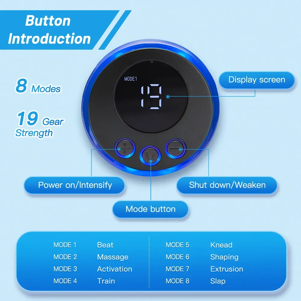EMS device control unit with LED display and labeled buttons, showing intuitive operation and precision control