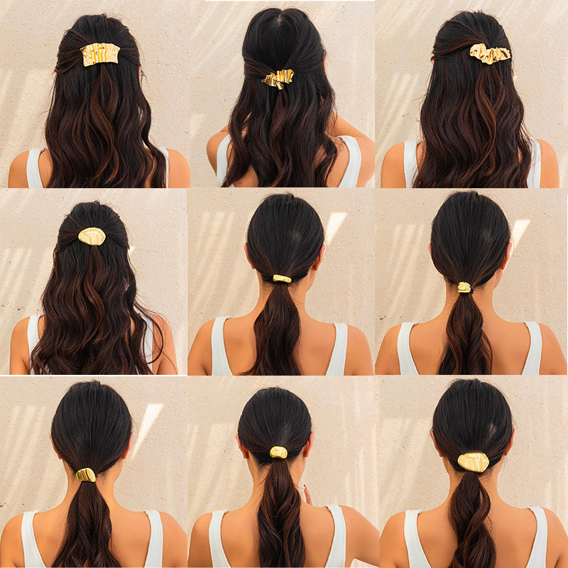 Gold clip shown across multiple gathered hairstyles