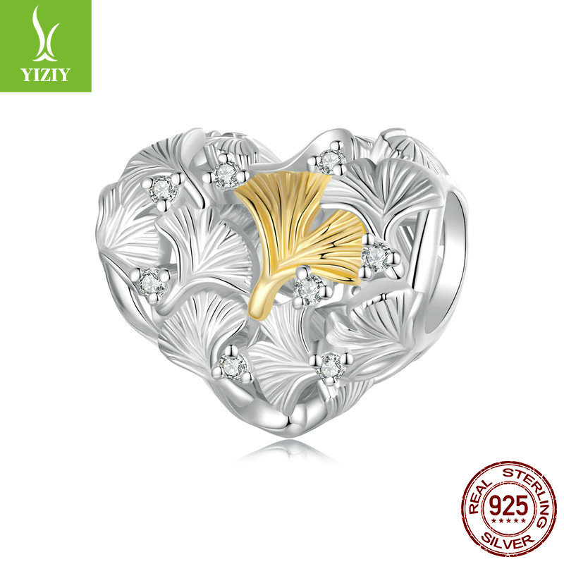 Silver Charm Ginkgo Leaf Splicing Love DIY Bracelet Beads Loose Beads Romantic Autumn Leaves s925