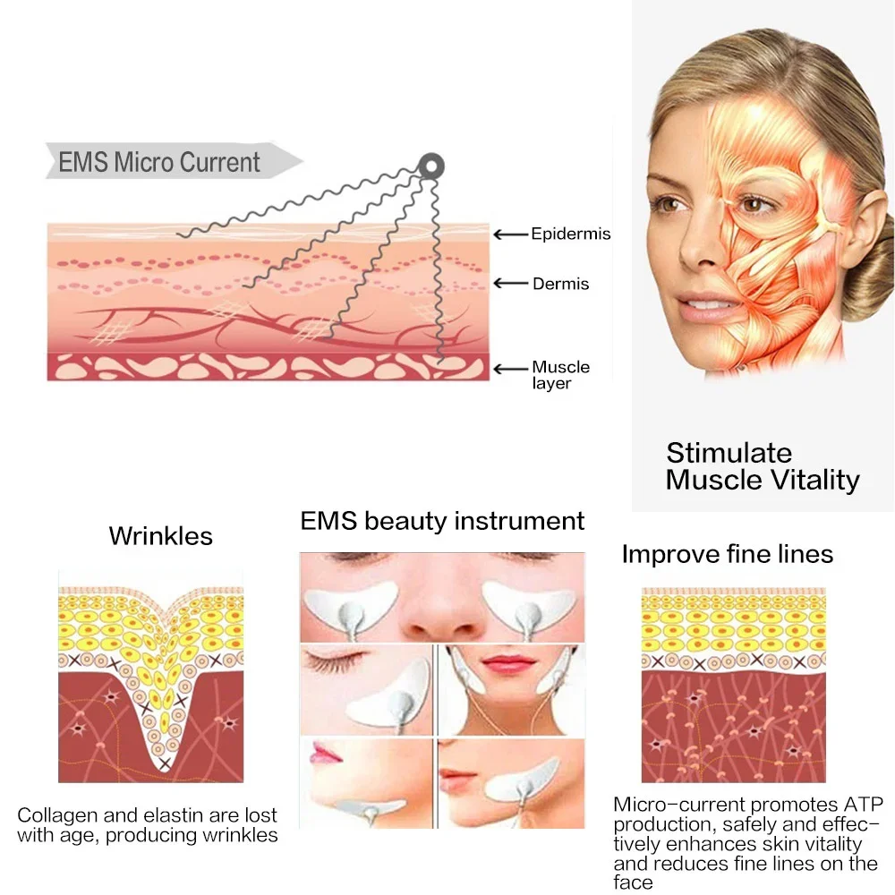 Scientific diagrams showing EMS micro-current penetrating epidermis, dermis, and muscle layers for deep skin tightening
