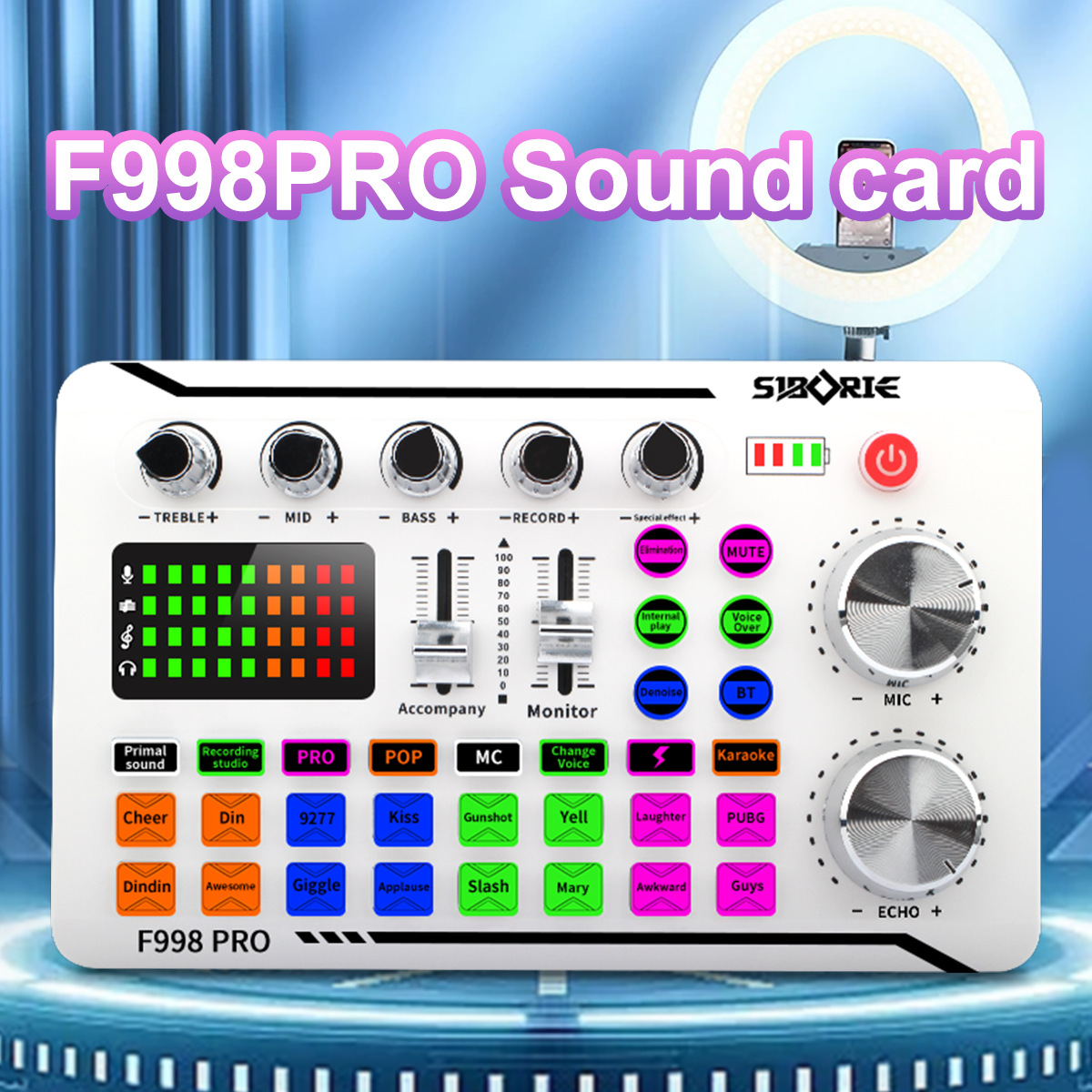 F998Pro live singing sound card white English version intelligent noise reduction integrated