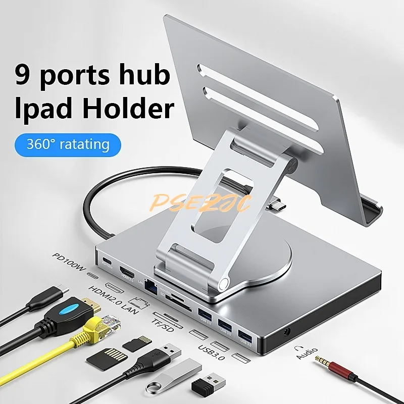 4K/60Hz Gigabit Ethernet Port USB 3.0 Splitter Hub Converter Flat Panel Rotary Stand Type-c Docking