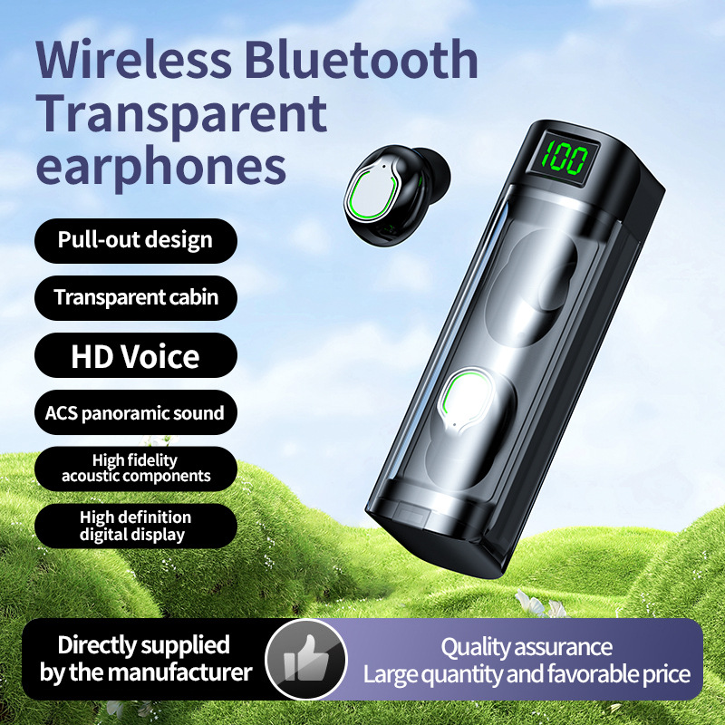 BQ60 wireless Bluetooth earphones with pull-out compartment, digital display transparent case, in