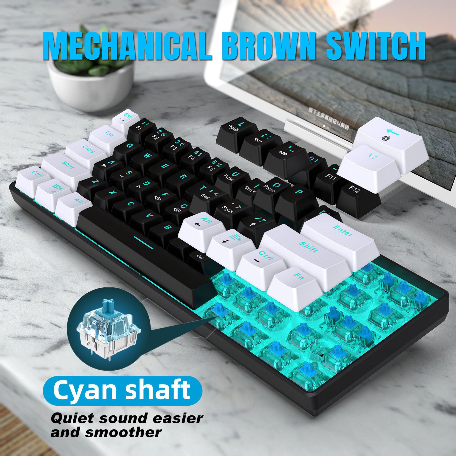 Mechanical keyboard 61 key short style small keyboard for office typing, black and white dual