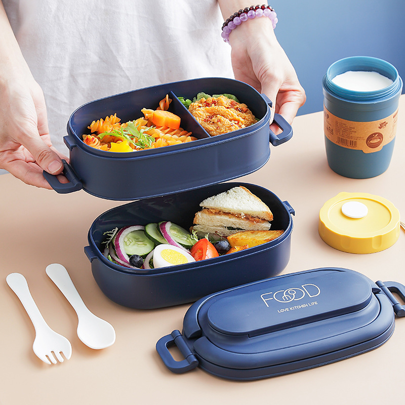Japanese style simple portable microwaveable double layer partition lunch box bento box with cutlery