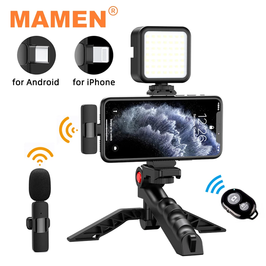 MAMEN Wireless Vlogging Kit Phone Tripod with Lavalier Microphone LED Light for iPhone Android