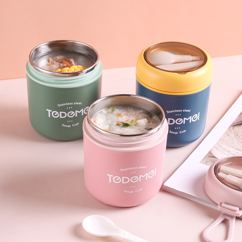 Japanese style simple sealed 304 stainless steel insulated breakfast cup with lid and spoon