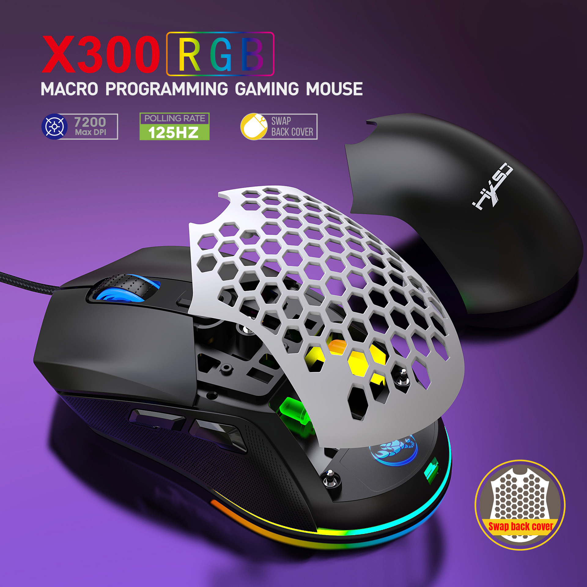 Wired mouse RGB backlight 7200dpi hole gaming mouse interchangeable back cover lightweight