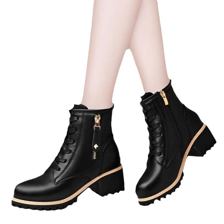 Mid length boots PU leather shoes casual six hole British style Martin boots women's black single lining image 4