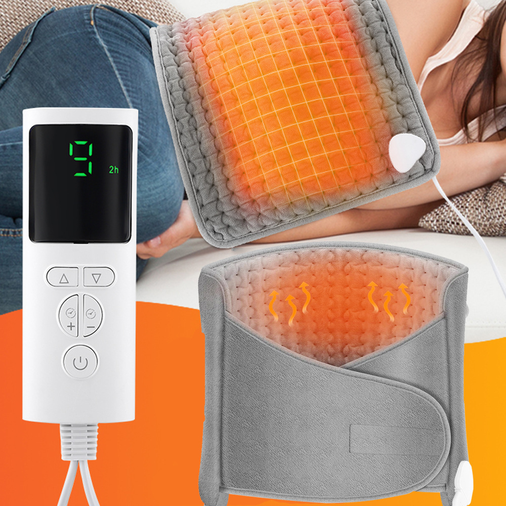 Digital heating pad controller showing 24-hour timer and 2-hour setting with vibrant orange heat visualization on wrapped waist belt being worn during everyday use