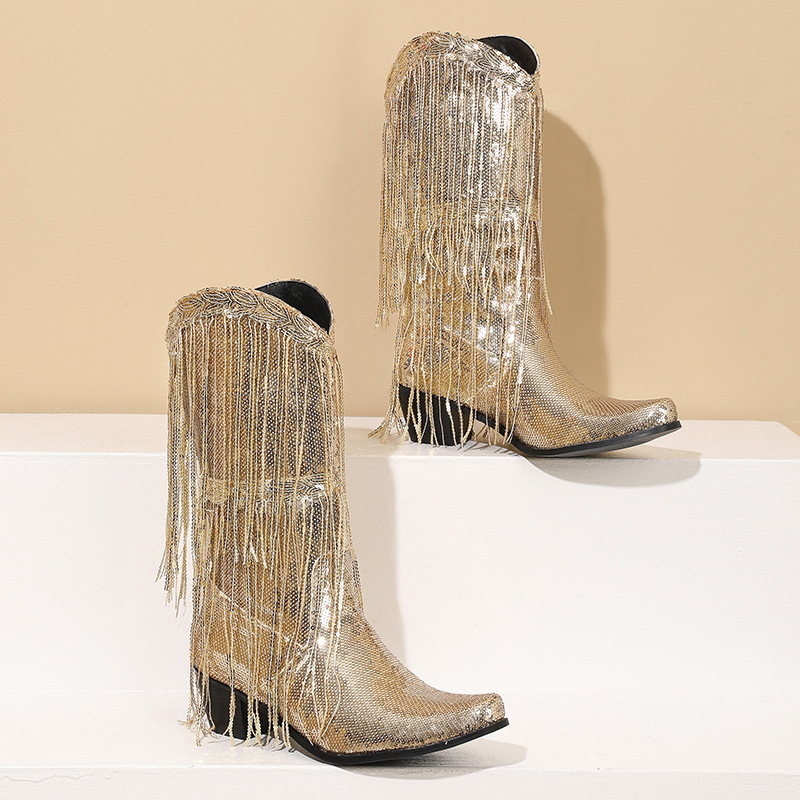 Curved Toe Sequins Glitter Bling Shiny Gold Green Purple Women Heels Shoes Mid-calf Western Cowboy Boots With Fringes Tassels image 11