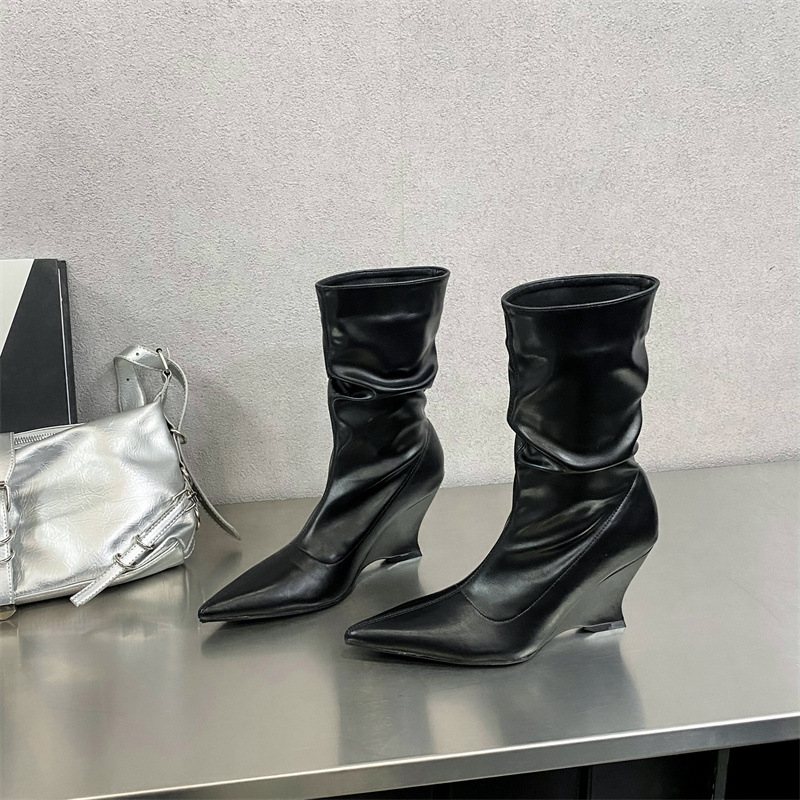 Autumn and Winter Fashionable French Pointed Slope Heel Stacked Women's Boots Soft Leather High Heels Comfortable Short Boots image 4