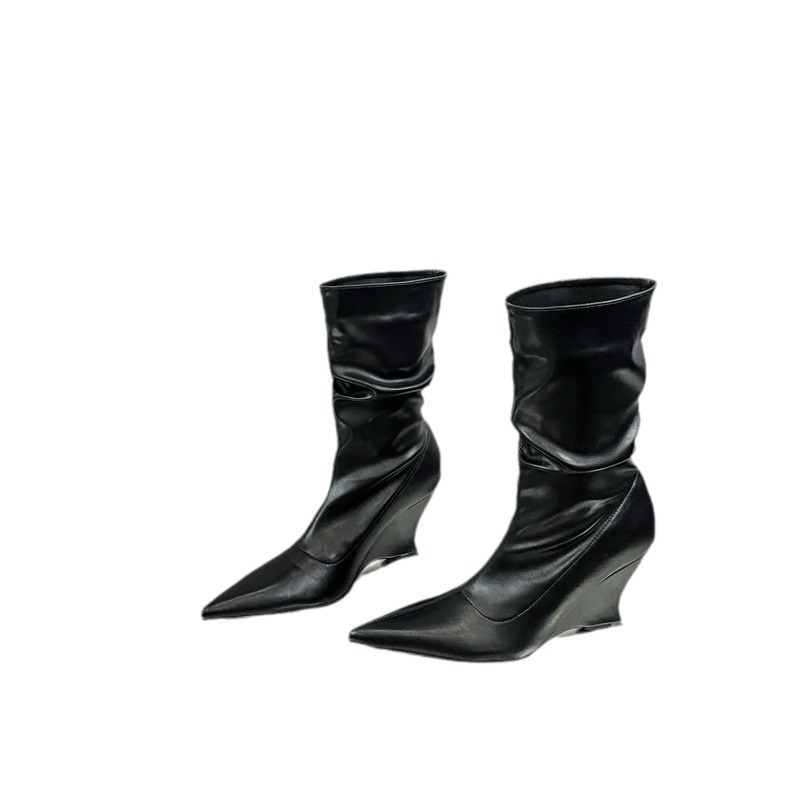 Autumn and Winter Fashionable French Pointed Slope Heel Stacked Women's Boots Soft Leather High Heels Comfortable Short Boots image 5
