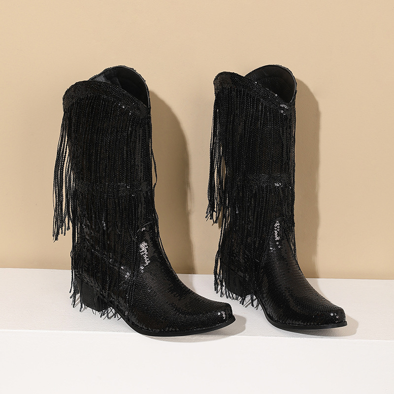 Curved Toe Sequins Glitter Bling Shiny Gold Green Purple Women Heels Shoes Mid-calf Western Cowboy Boots With Fringes Tassels image 9