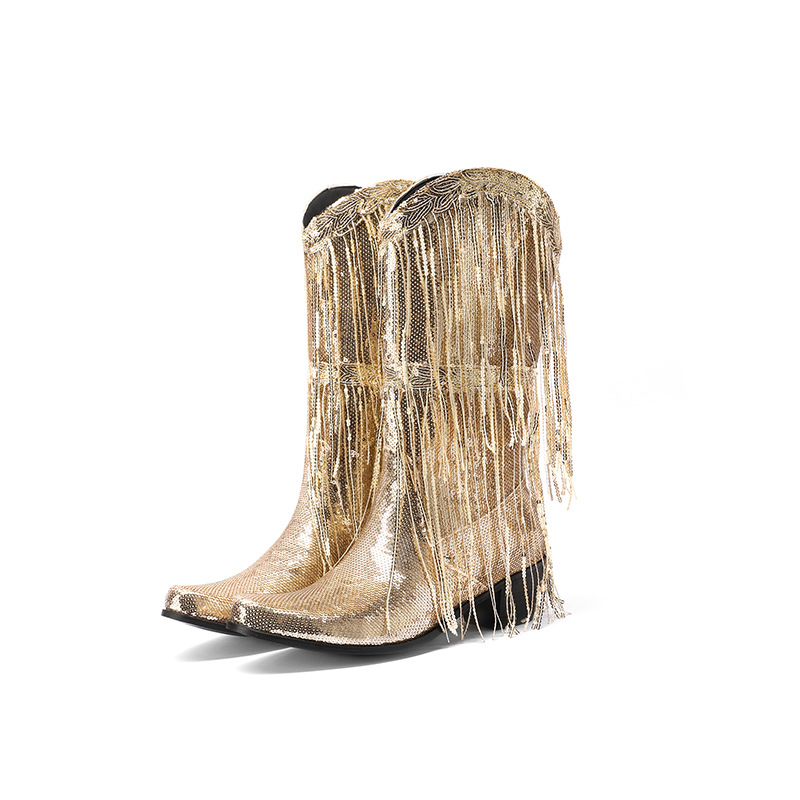 Curved Toe Sequins Glitter Bling Shiny Gold Green Purple Women Heels Shoes Mid-calf Western Cowboy Boots With Fringes Tassels image 6