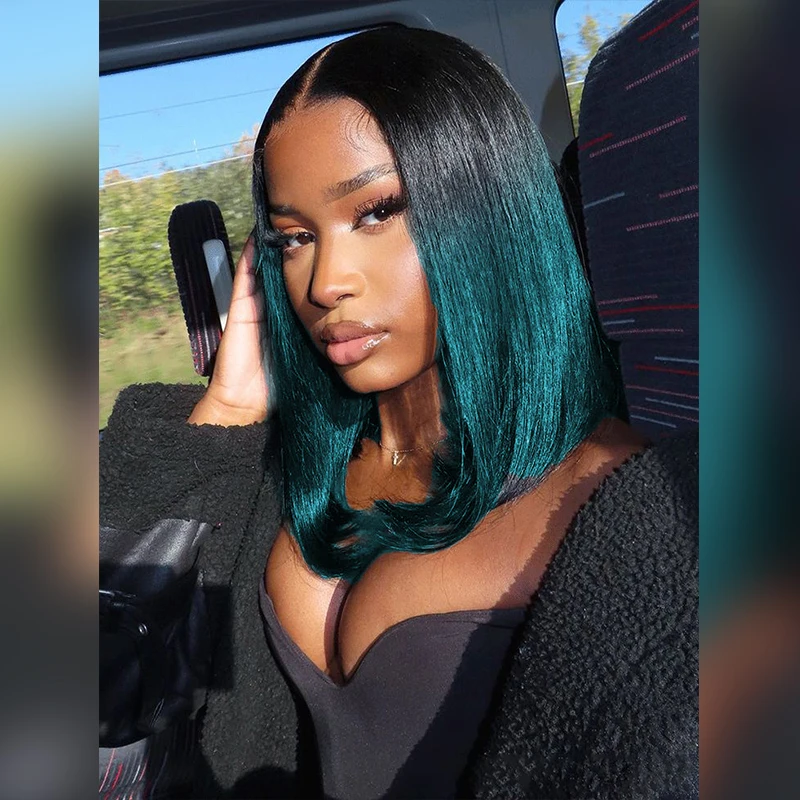 Woman wearing glossy teal bob inside vehicle