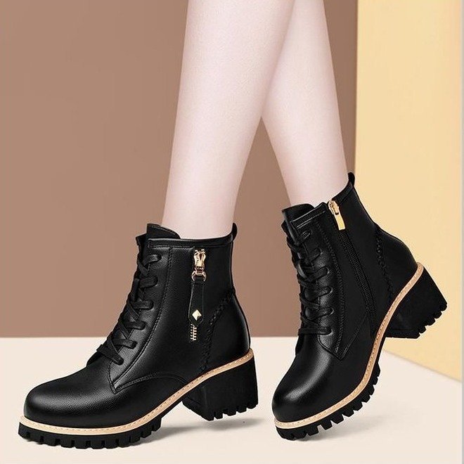 Mid length boots PU leather shoes casual six hole British style Martin boots women's black single lining image 5