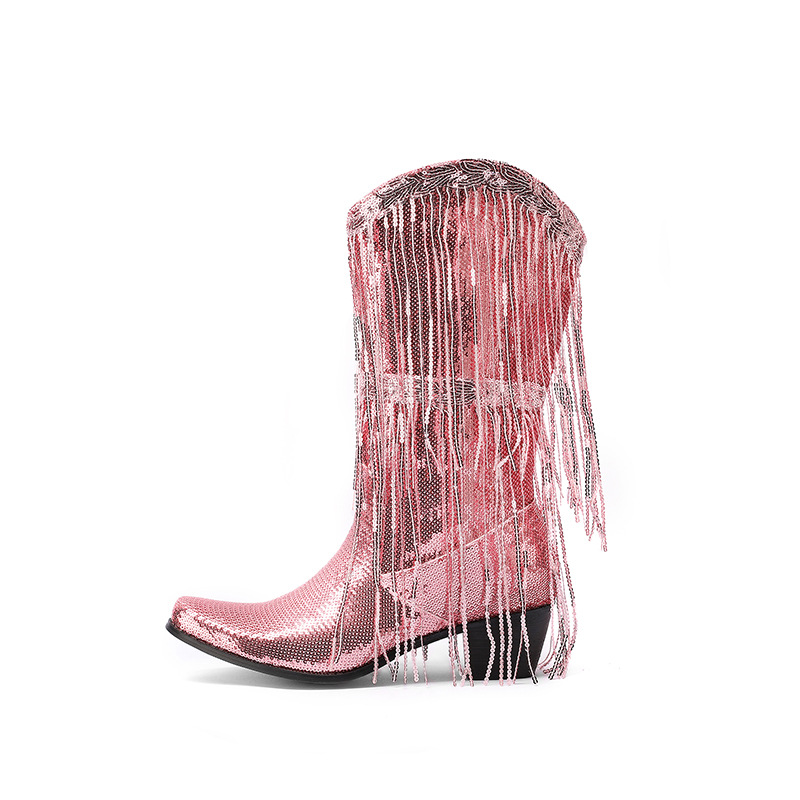 Curved Toe Sequins Glitter Bling Shiny Gold Green Purple Women Heels Shoes Mid-calf Western Cowboy Boots With Fringes Tassels image 3