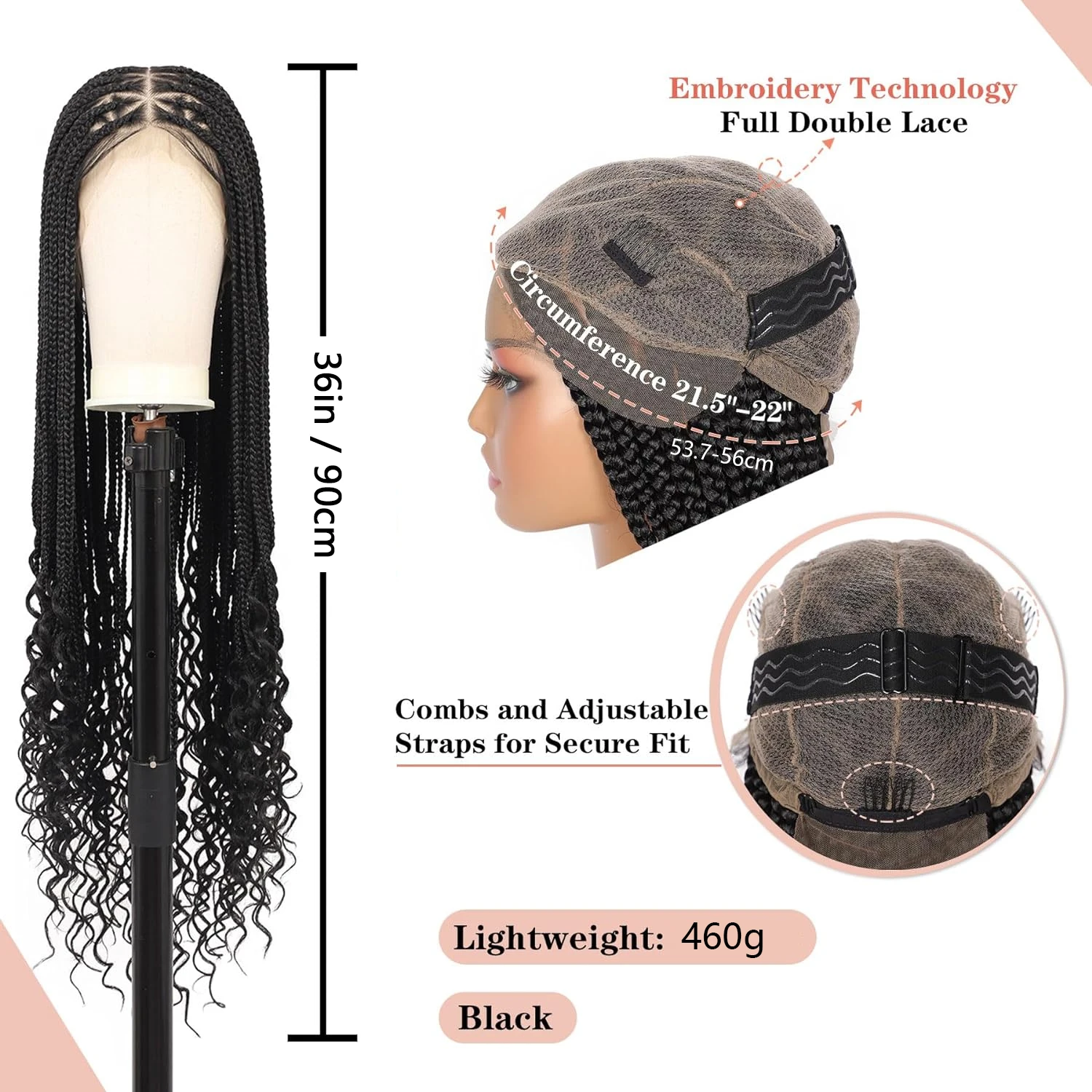 Wig cap showing combs adjustable straps and lace