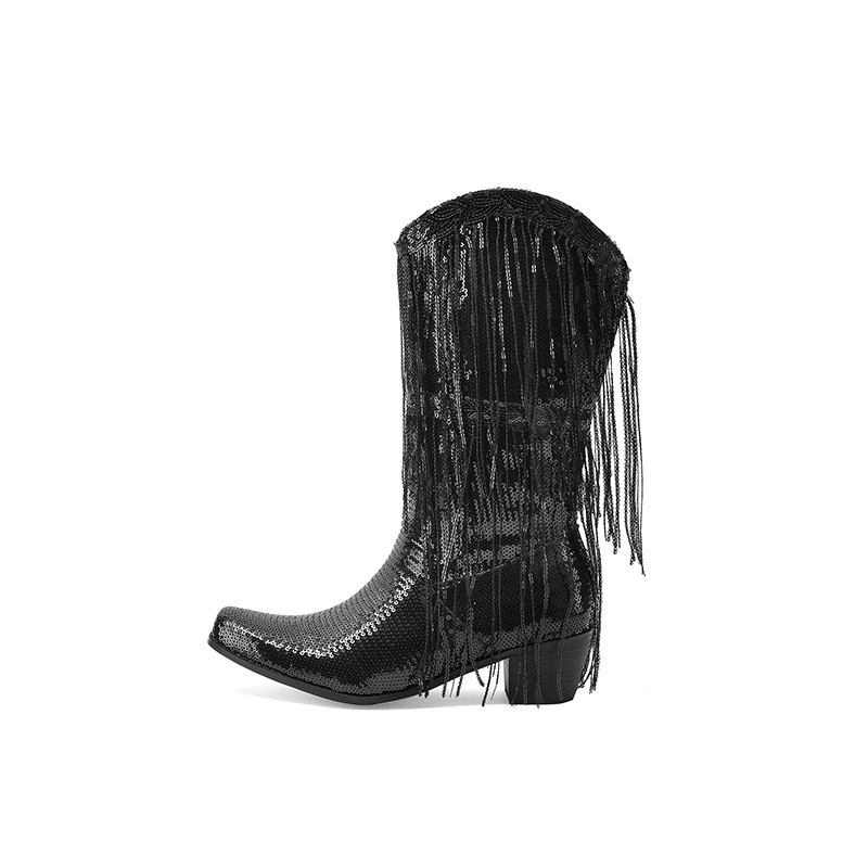 Curved Toe Sequins Glitter Bling Shiny Gold Green Purple Women Heels Shoes Mid-calf Western Cowboy Boots With Fringes Tassels image 7