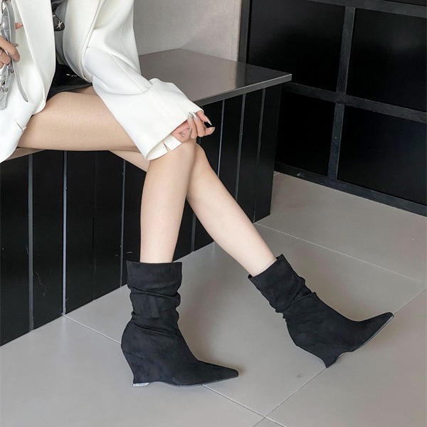 Autumn and Winter Fashionable French Pointed Slope Heel Stacked Women's Boots Soft Leather High Heels Comfortable Short Boots image 7