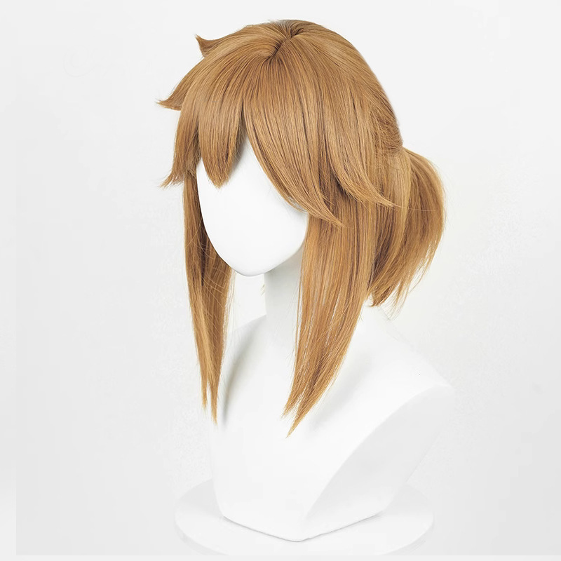 Layered warm brown wig on white mannequin
