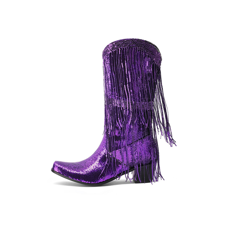 Curved Toe Sequins Glitter Bling Shiny Gold Green Purple Women Heels Shoes Mid-calf Western Cowboy Boots With Fringes Tassels image 4