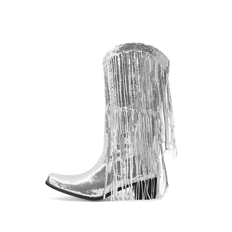 Curved Toe Sequins Glitter Bling Shiny Gold Green Purple Women Heels Shoes Mid-calf Western Cowboy Boots With Fringes Tassels image 5