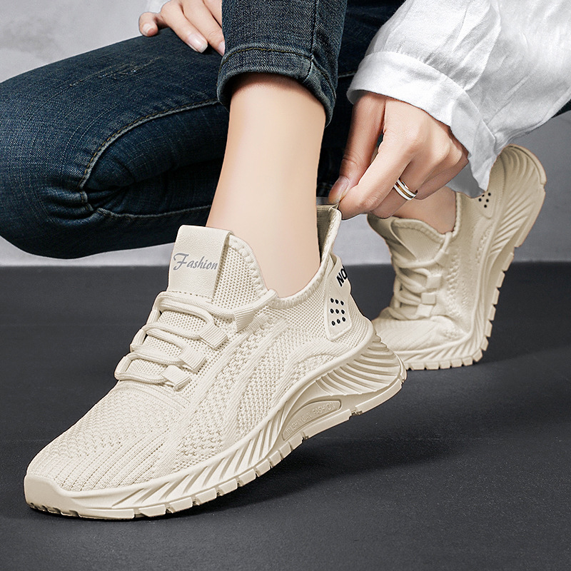 Women Lace Up Running Shoes Sporty Outdoor Beige Fabric Sneakers Comfort Lightweight Non Slip Athletic Shoes for Gym Work Casual image 11