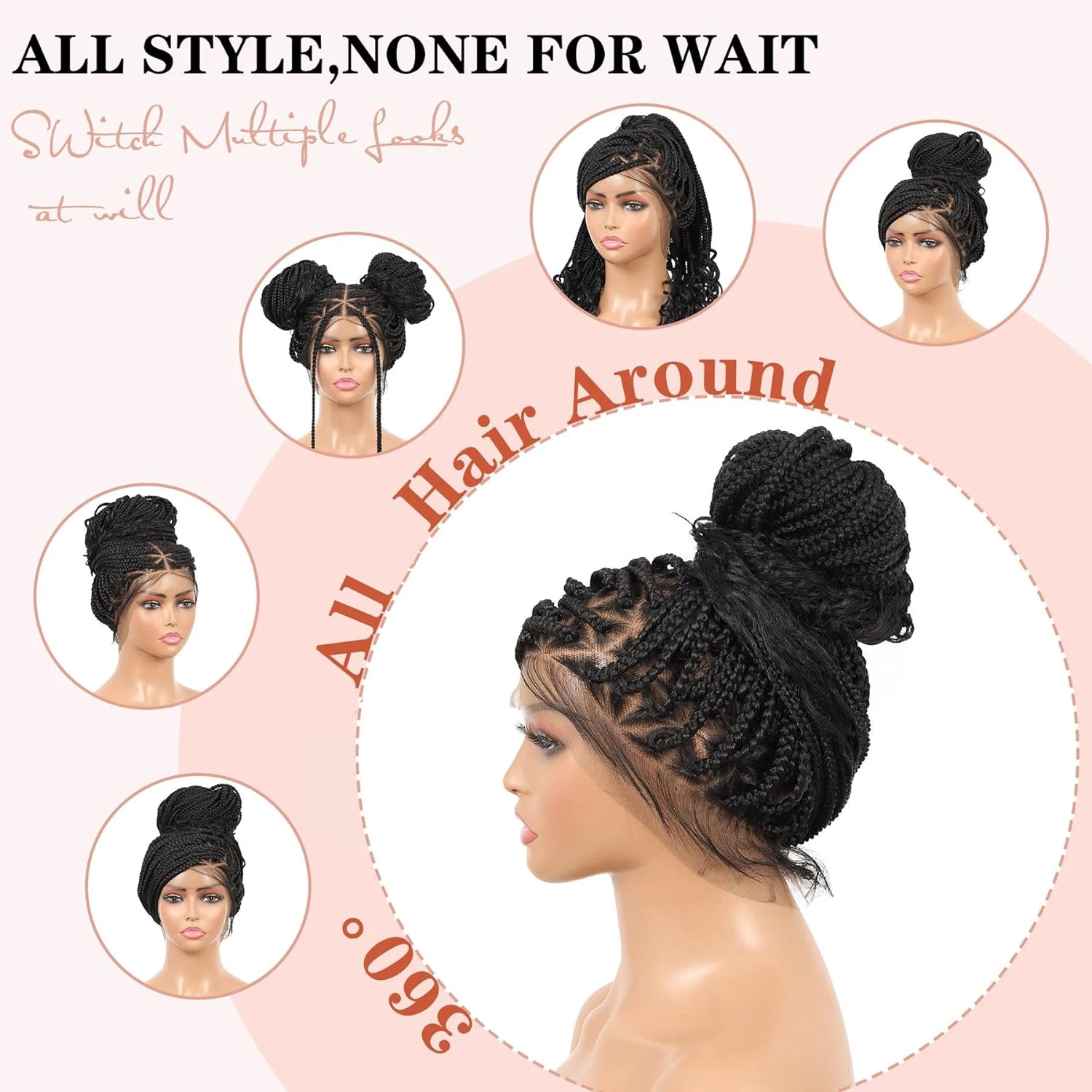 Braided wig styled into flexible updo presentations