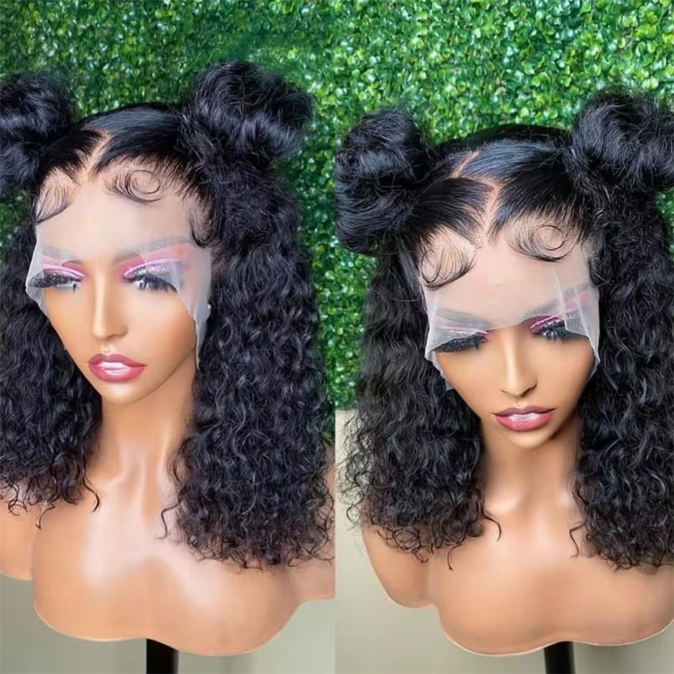 Curly bob wig showing styled edges and creative updo