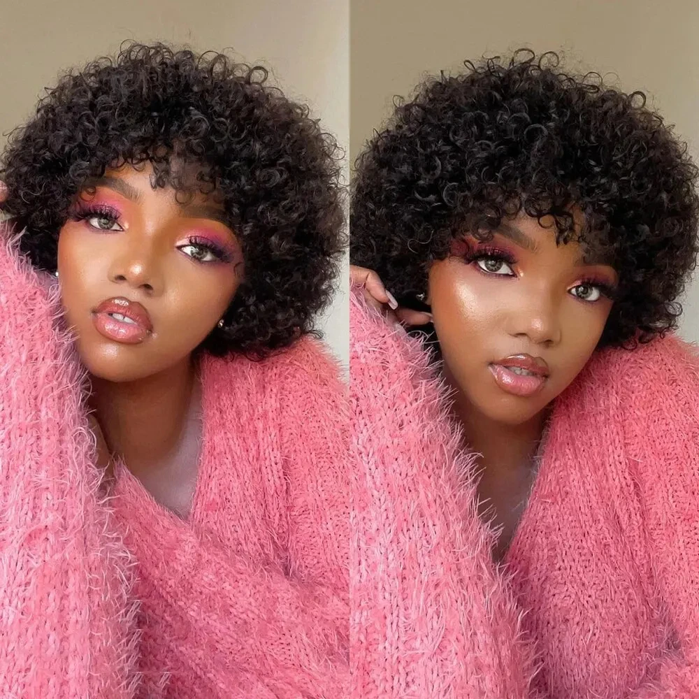 Woman wearing glueless rounded afro wig from angled views