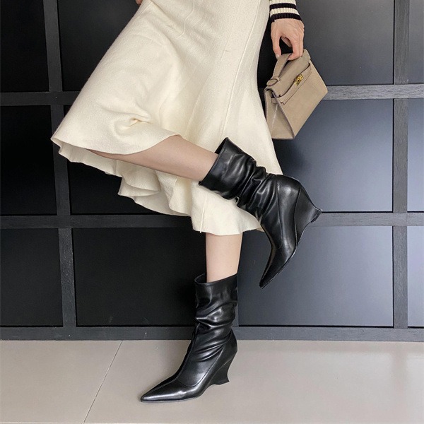 Autumn and Winter Fashionable French Pointed Slope Heel Stacked Women's Boots Soft Leather High Heels Comfortable Short Boots image 6