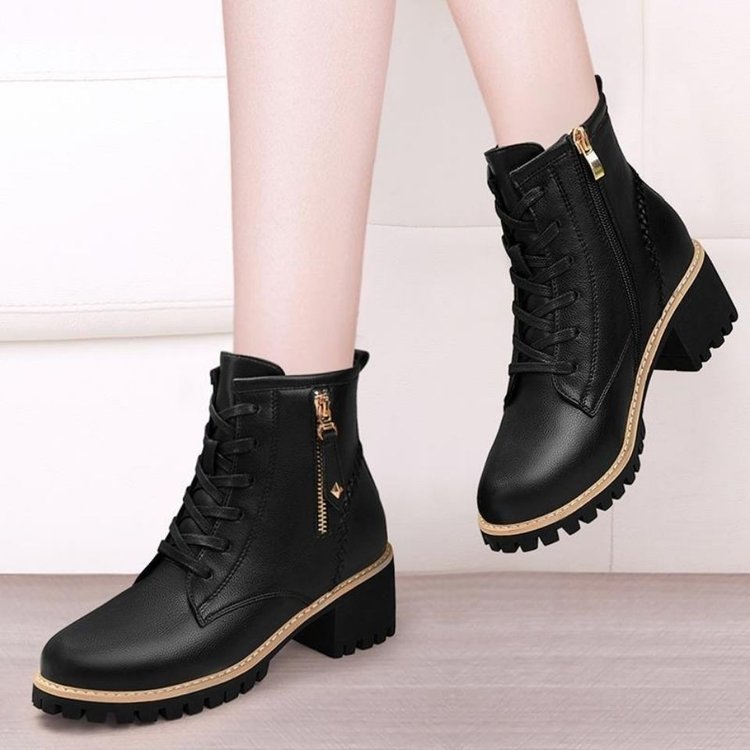 Mid length boots PU leather shoes casual six hole British style Martin boots women's black single lining image 6