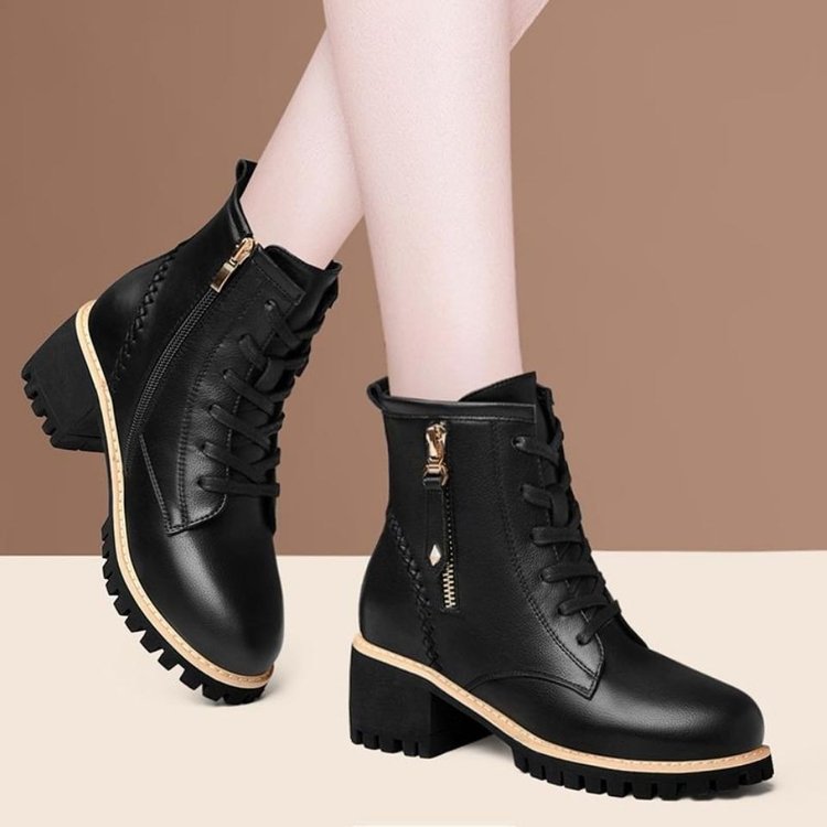 Mid length boots PU leather shoes casual six hole British style Martin boots women's black single lining image 7