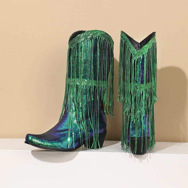 Curved Toe Sequins Glitter Bling Shiny Gold Green Purple Women Heels Shoes Mid-calf Western Cowboy Boots With Fringes Tassels image 10