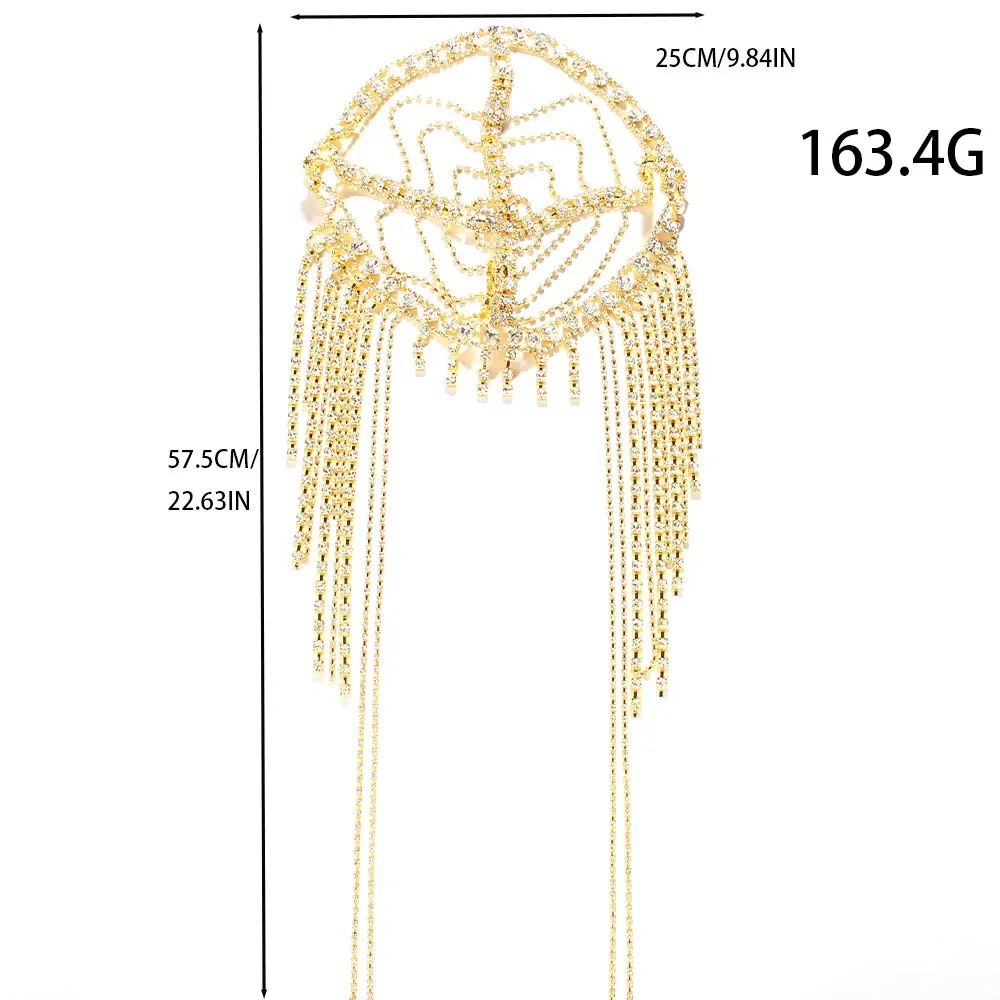 Gold rhinestone headpiece showing full ornamental construction
