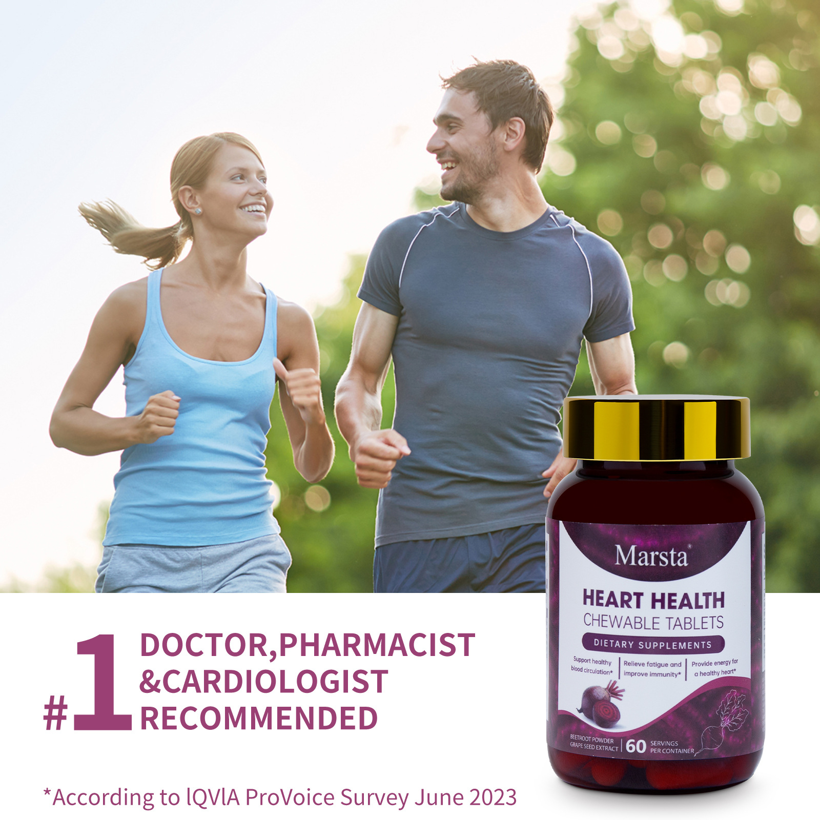 Active couple jogging outdoors with product bottle visible, medical professional endorsement tagline 'No1 Doctor Pharmacist Cardiologist Recommended'