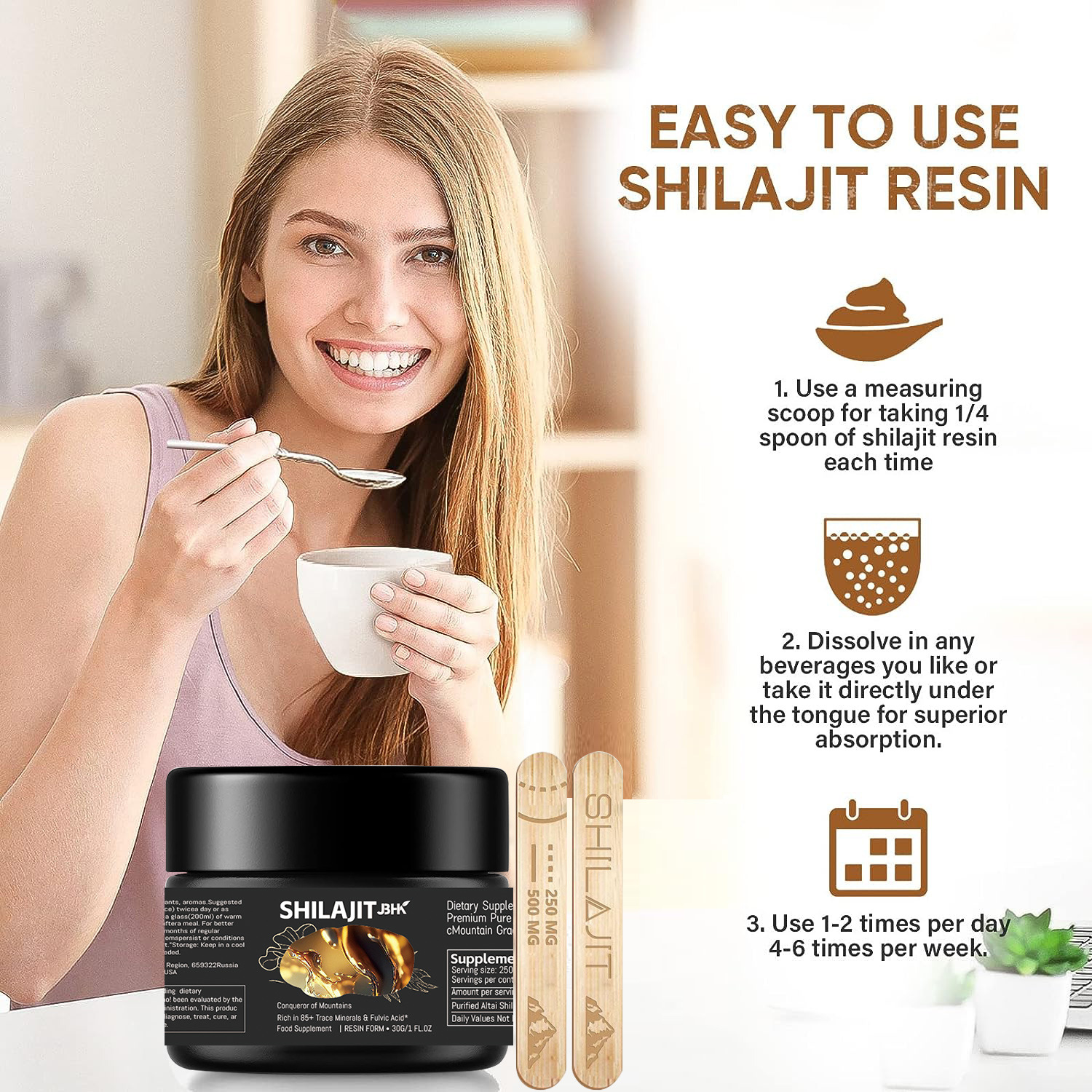 Radiant woman demonstrating vitality and ease with a daily Shilajit scoop